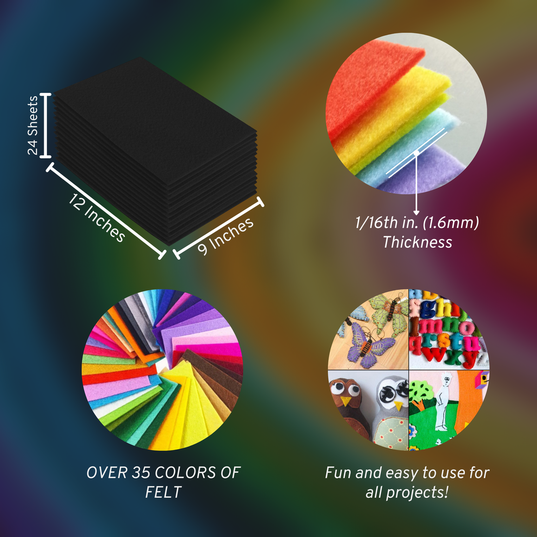 Black acrylic felt sheets 9 x 12 inch, 24 sheet pack, 1.6mm thick