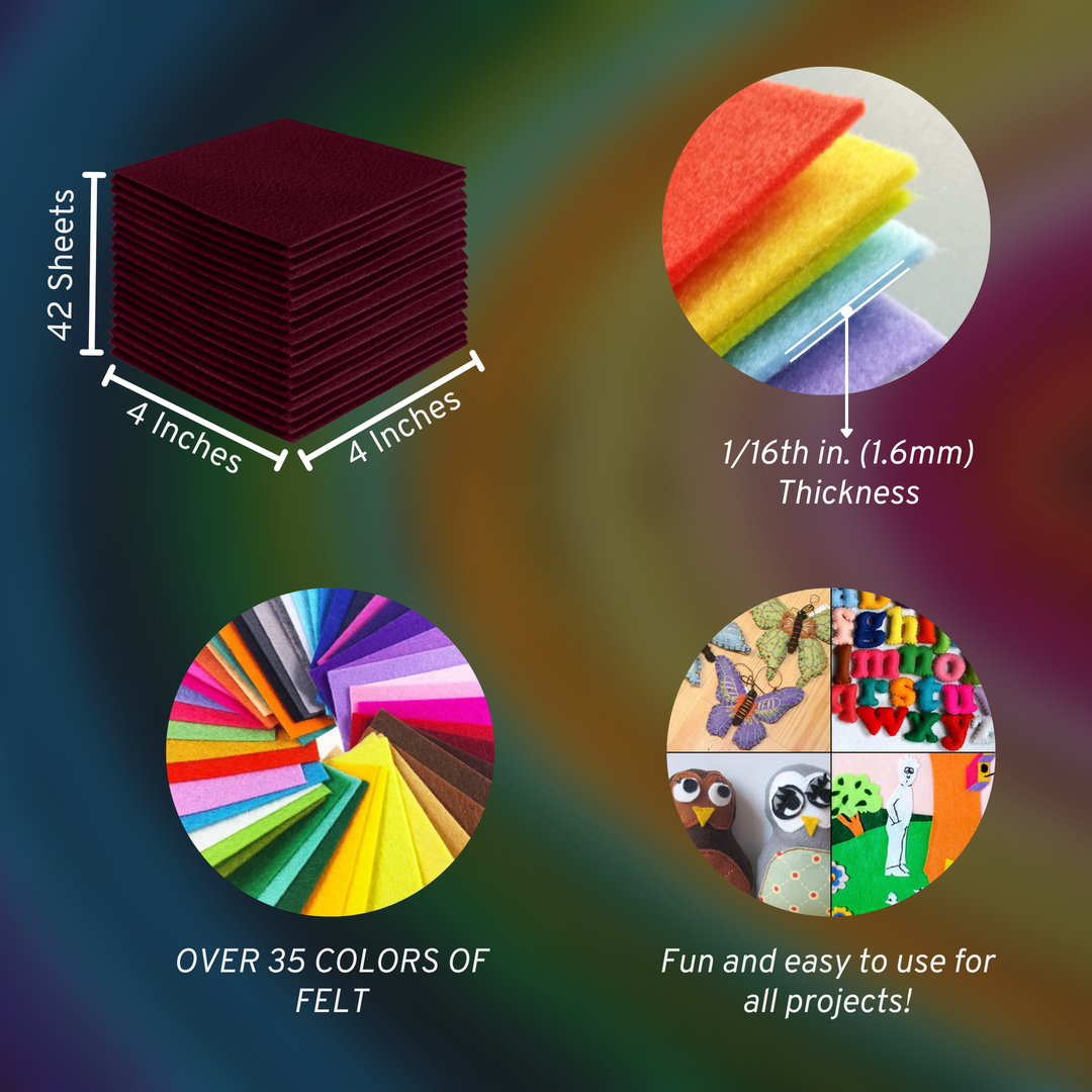 Burgundy acrylic felt sheets 4 x 4 inch, 42 sheet pack, 1.6mm thick