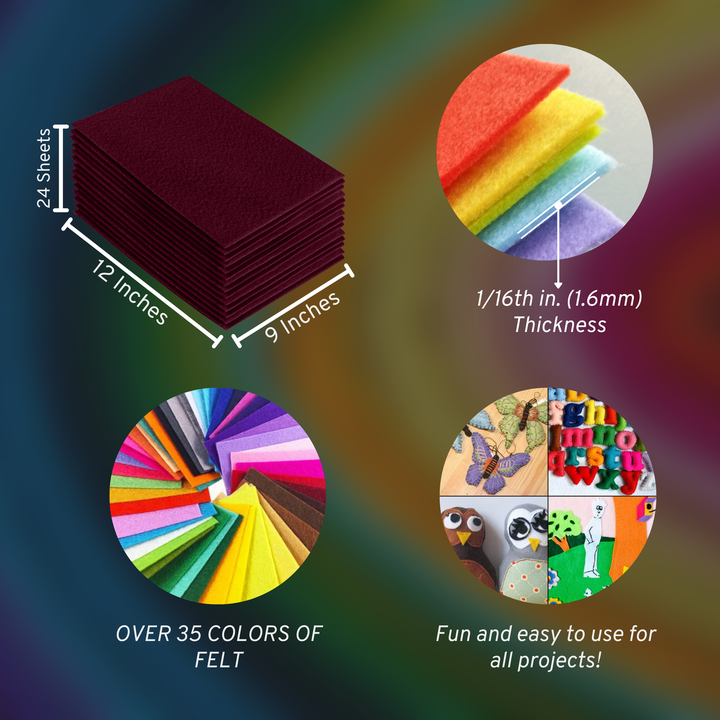 Burgundy acrylic felt sheets 9 x 12 inch, 24 sheet pack, 1.6mm thick
