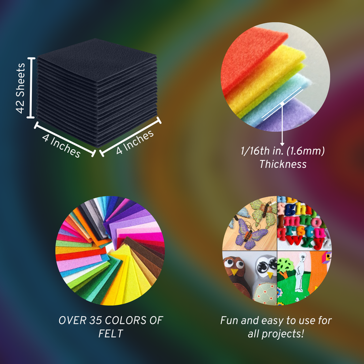 Charcoal acrylic felt sheets 4 x 4 inch, 42 sheet pack, 1.6mm thick