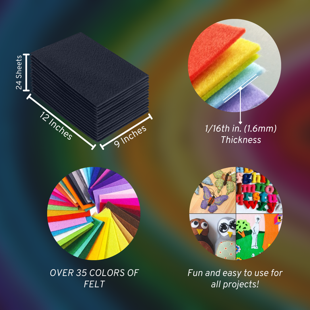 Charcoal acrylic felt sheets 9 x 12 inch, 24 sheet pack, 1.6mm thick