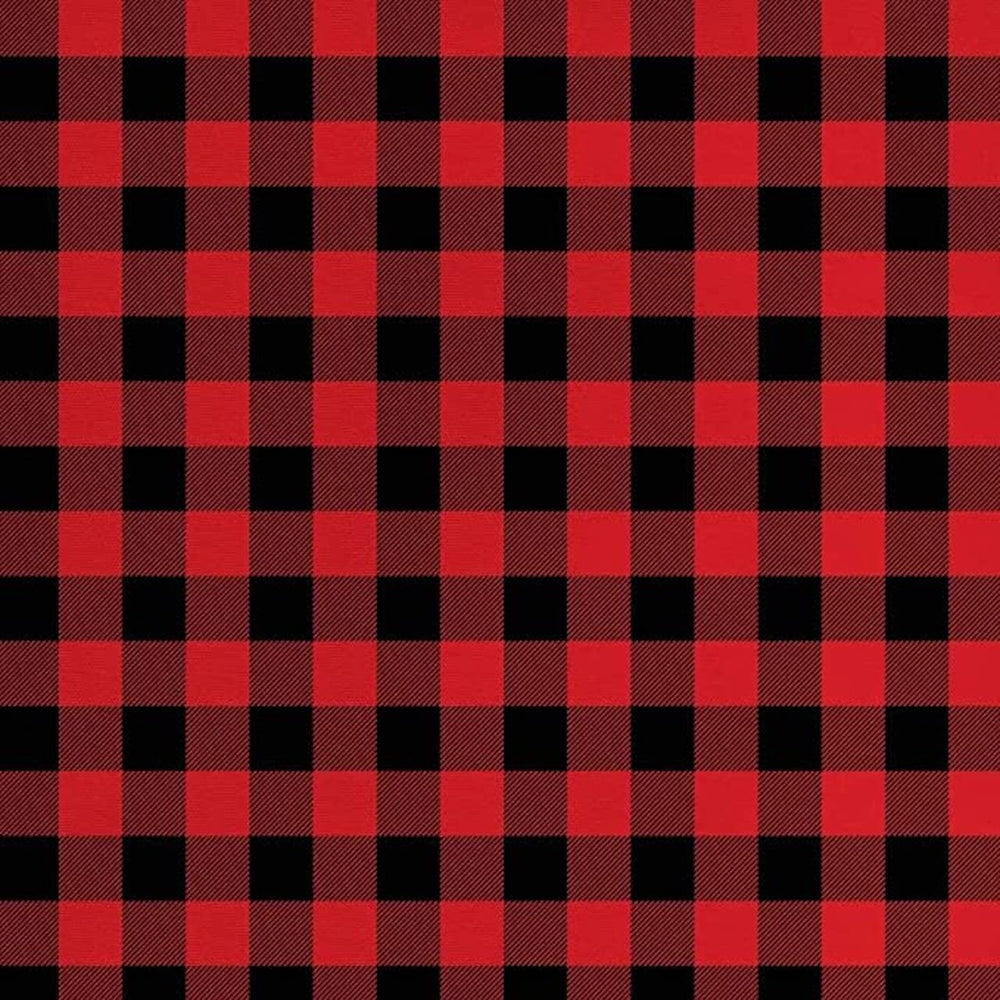 A close-up view of a red and black checkered 100% cotton flannel fabric.