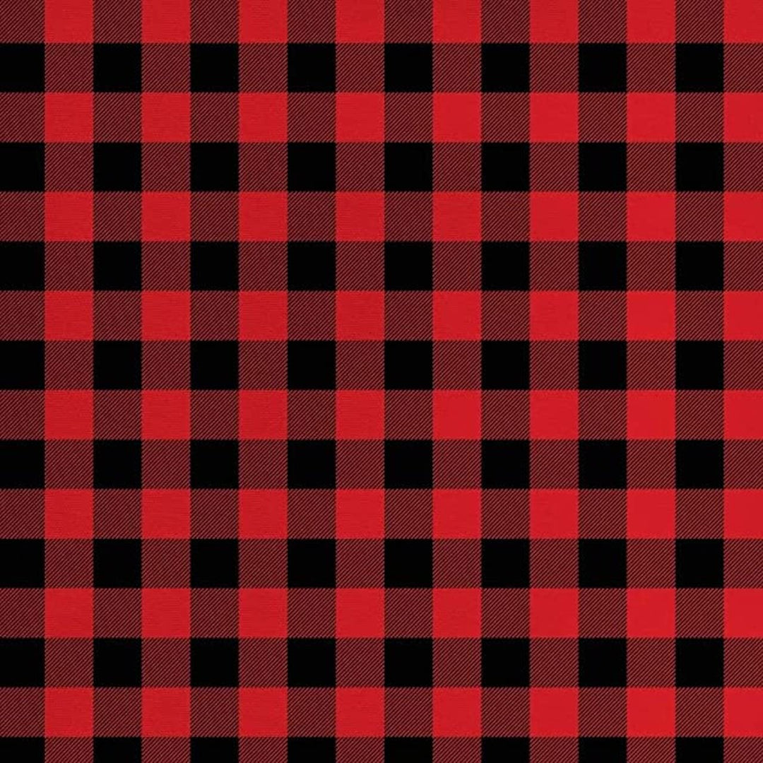 A close-up view of a red and black checkered 100% cotton flannel fabric.