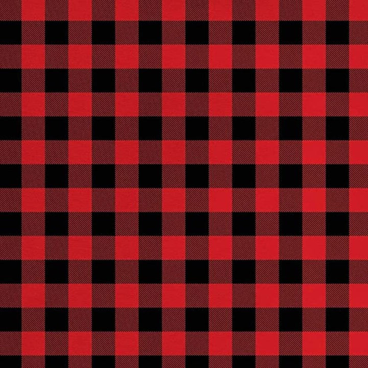 A close-up view of a red and black checkered 100% cotton flannel fabric.