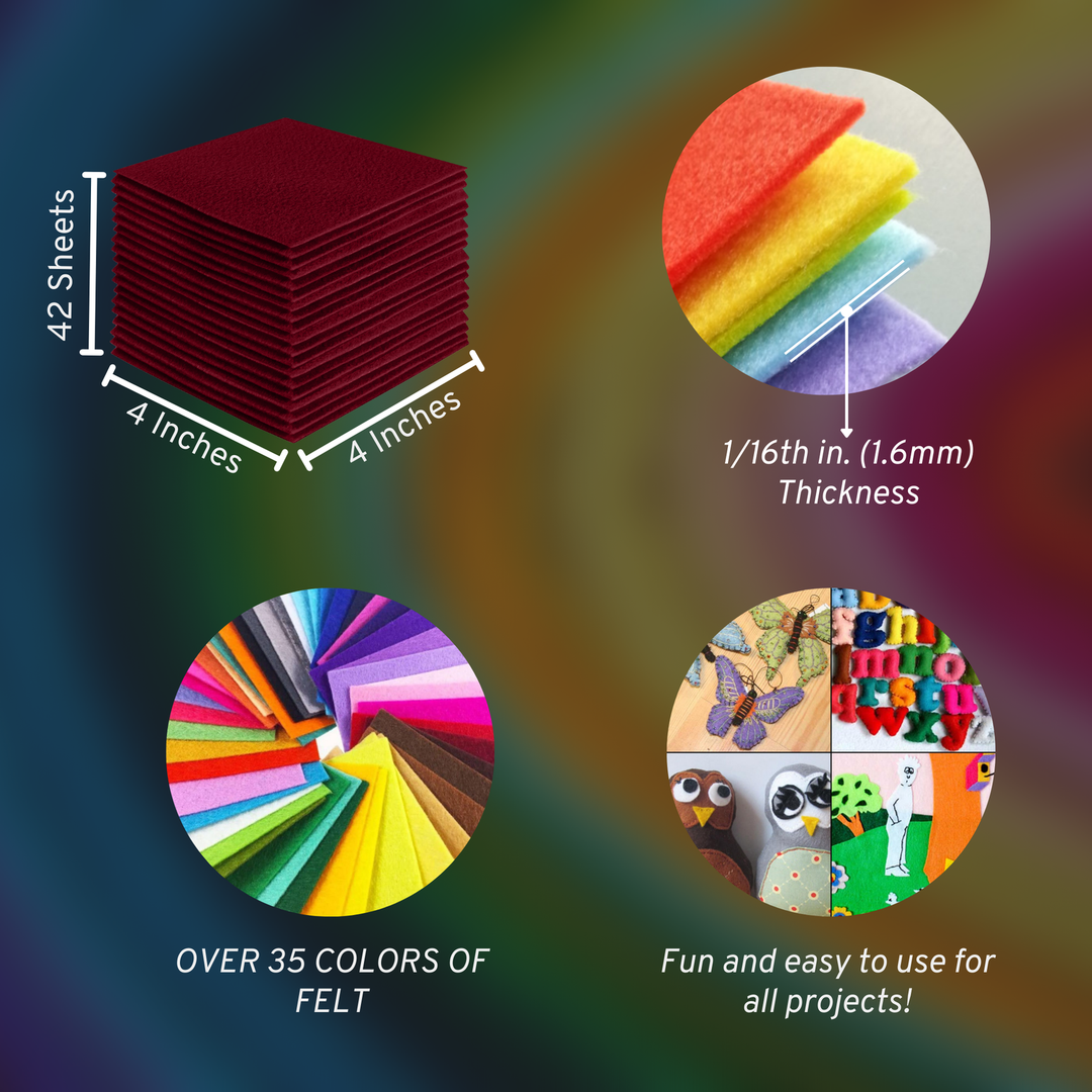 Dark Red acrylic felt sheets 4 x 4 inch, 42 sheet pack, 1.6mm thick
