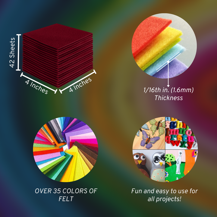 Dark Red acrylic felt sheets 4 x 4 inch, 42 sheet pack, 1.6mm thick