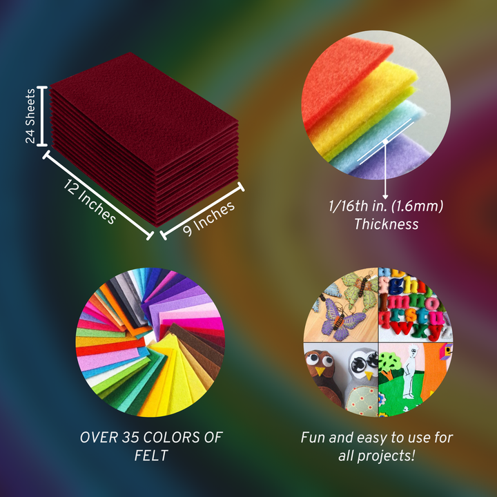 Dark Red acrylic felt sheets 9 x 12 inch, 24 sheet pack, 1.6mm thick