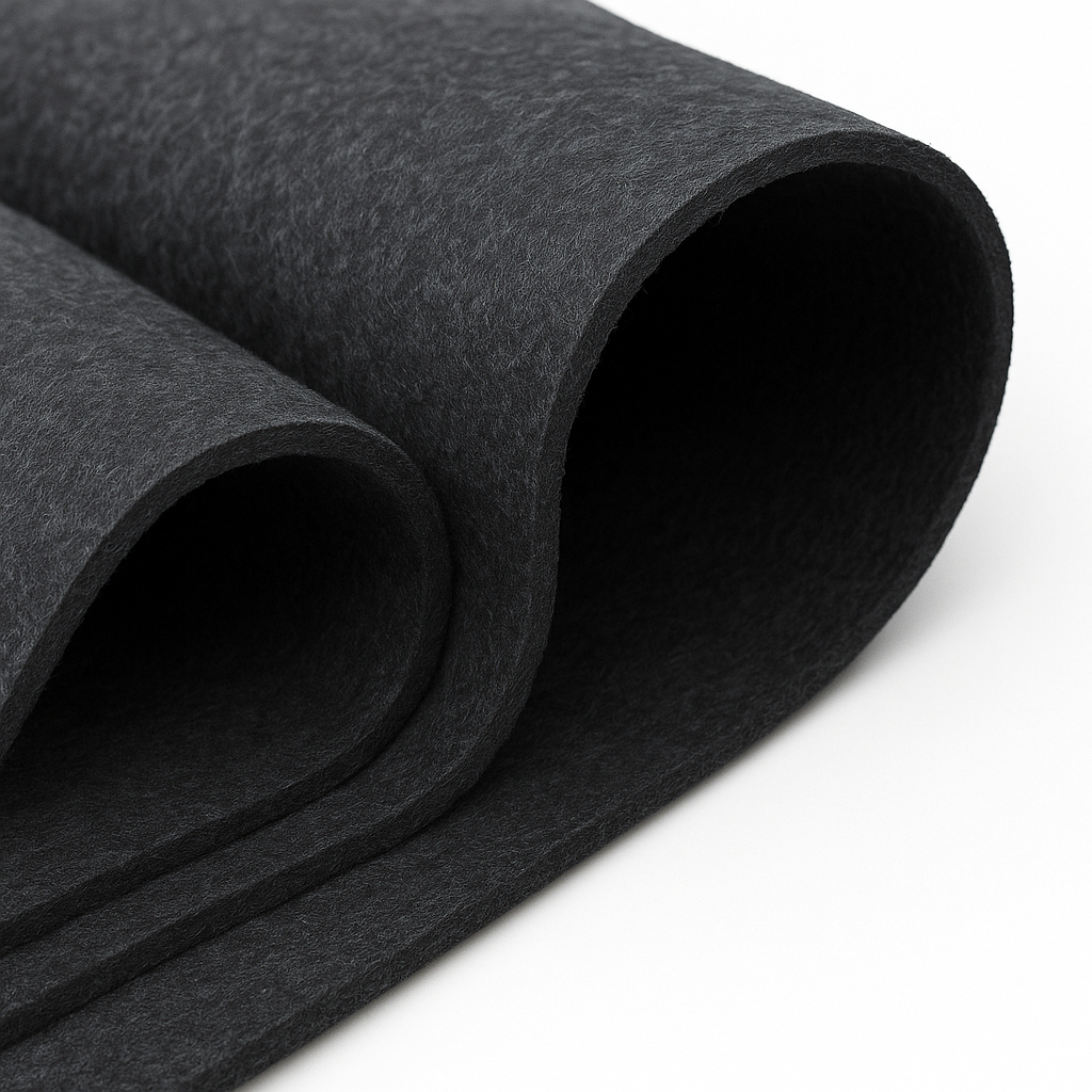 Roll of dark gray felt fabric on a white background