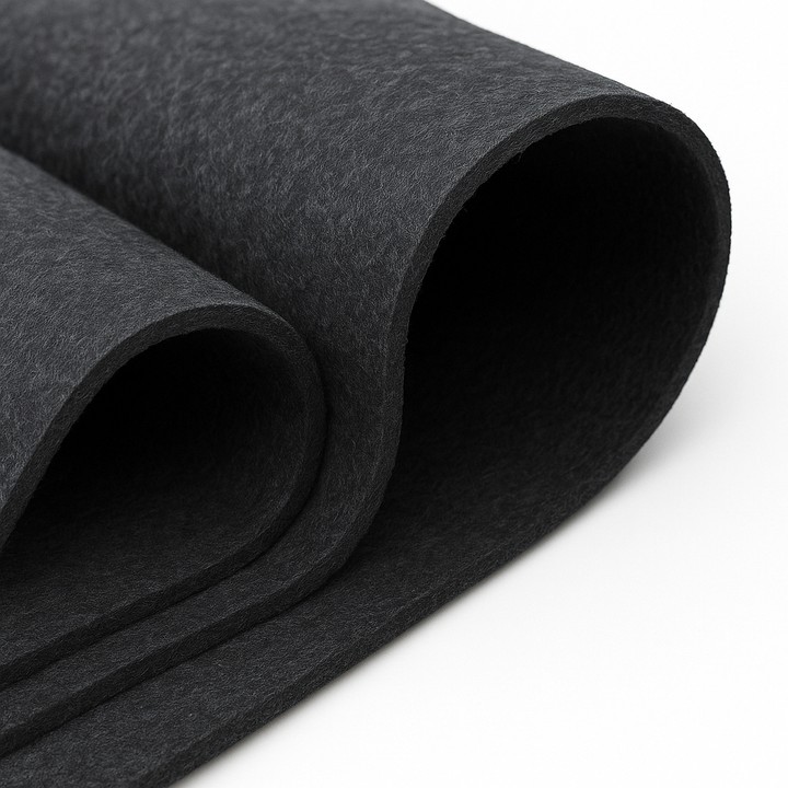 Roll of dark gray felt fabric on a white background