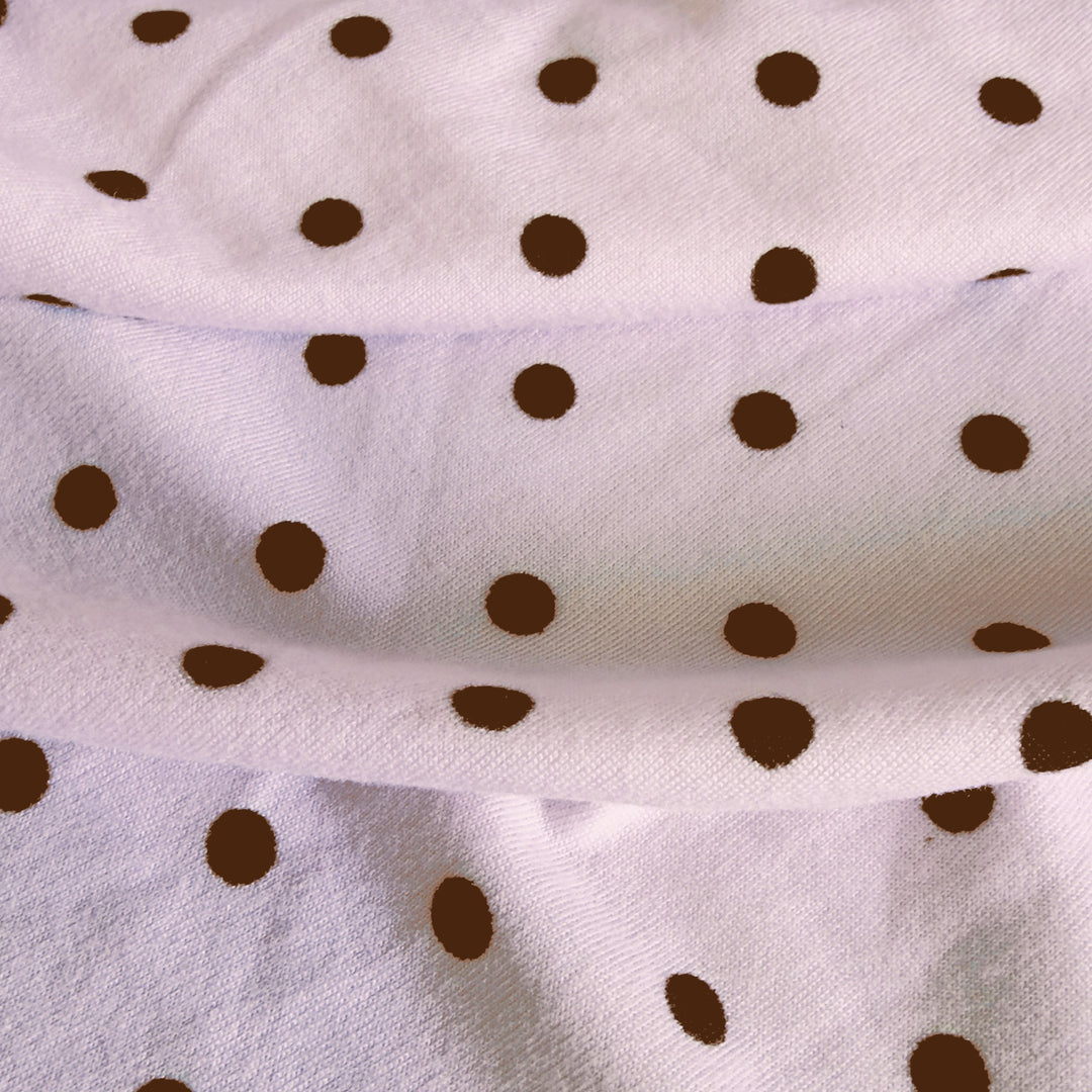Pink DTY brushed polka dot stretch fabric with brown dots