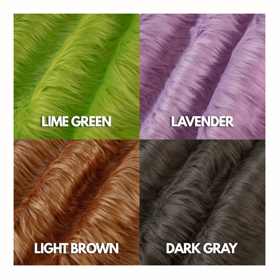 Shaggy faux fur colors – lime green, lavender, light brown, dark gray