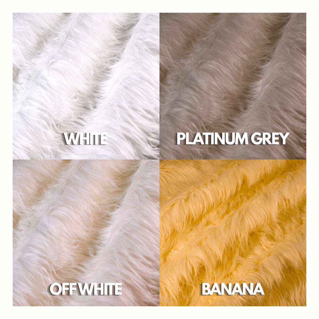 Shaggy faux fur colors – white, platinum gray, off white, banana