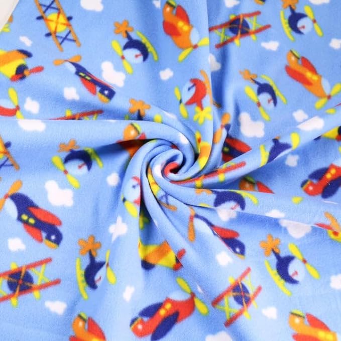 Anti-pill polar fleece fabric by the yard with blue airplane print – 60 inch wide