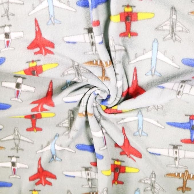 Anti-pill polar fleece fabric by the yard with grey airplane print design – 60 inch wide