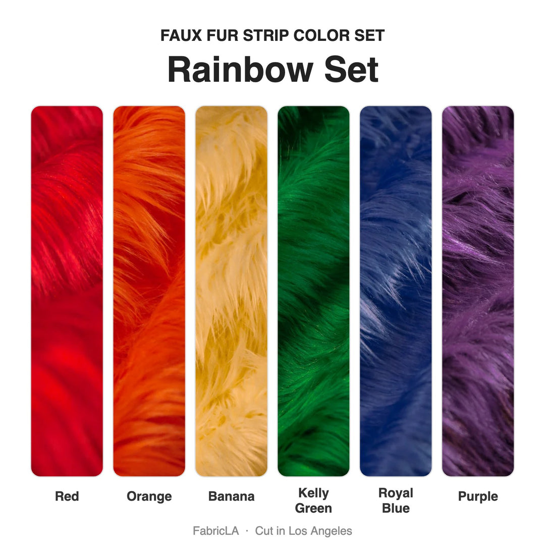 Rainbow faux fur strip set: Red, Orange, Banana, Kelly Green, Royal Blue, Purple