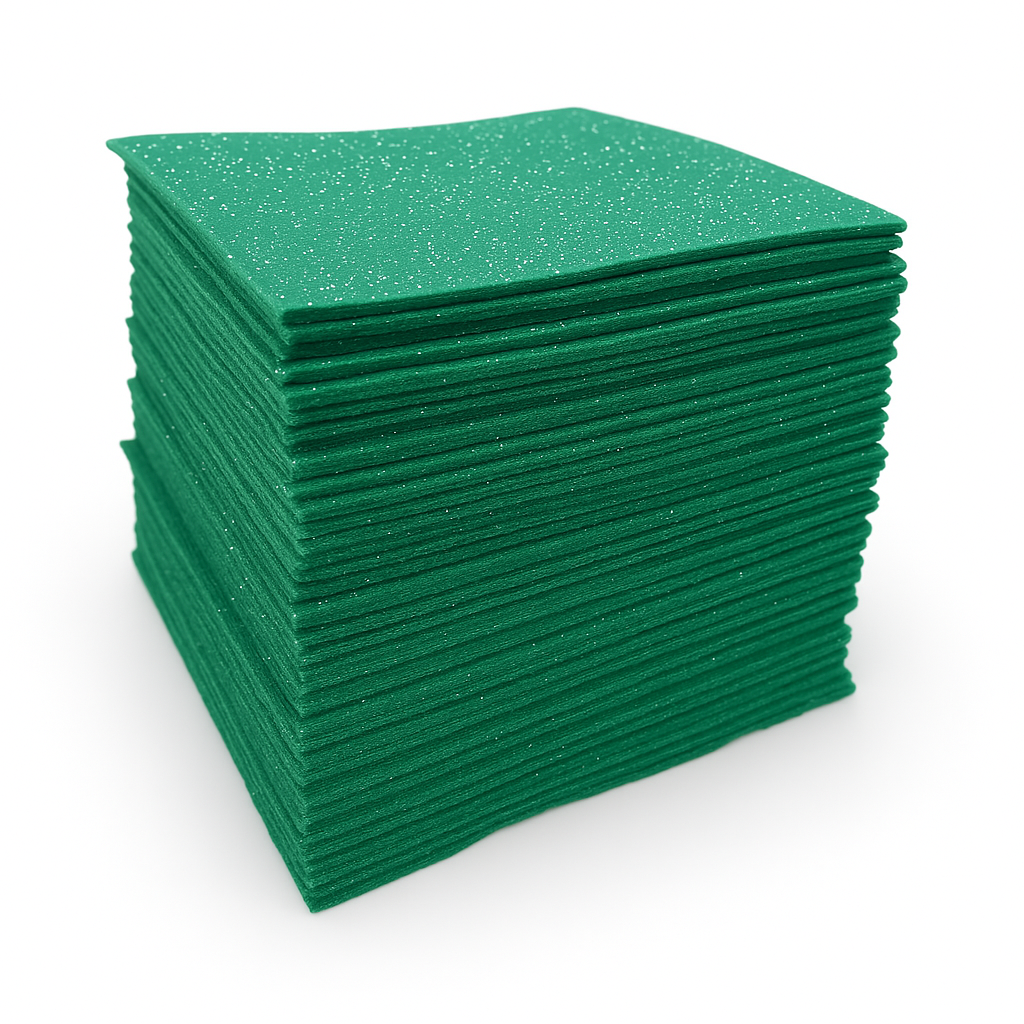 Kelly green glitter felt sheets stacked in a pre-cut pack for Christmas and DIY crafts.