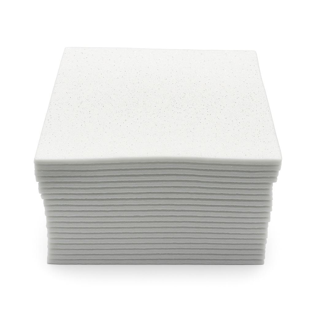 White glitter felt sheets stacked in a pre-cut pack with a soft sparkle finish for crafts.