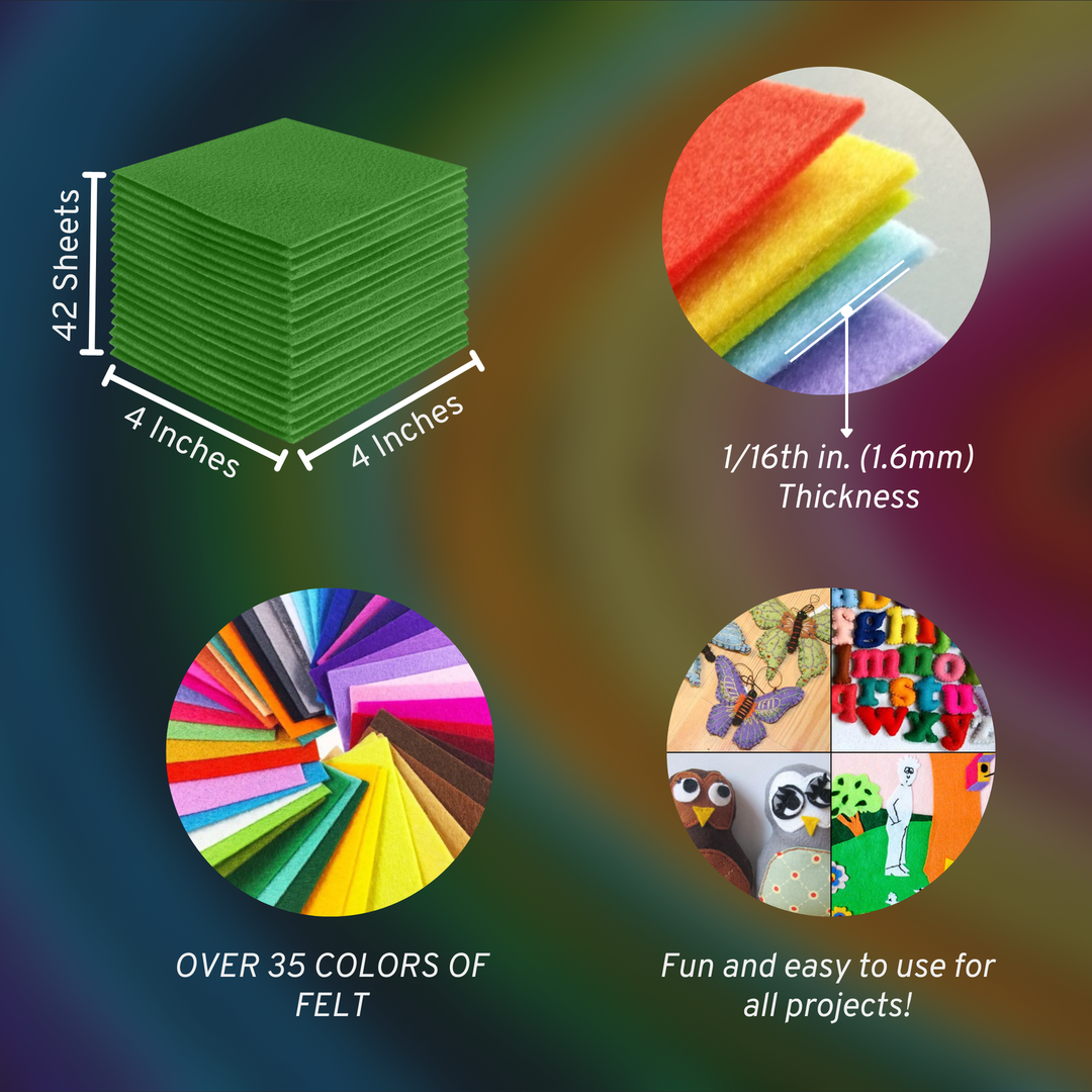 Green acrylic felt sheets 4 x 4 inch, 42 sheet pack, 1.6mm thick