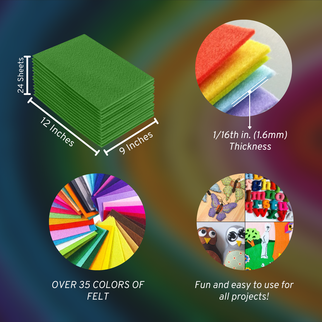 Green acrylic felt sheets 9 x 12 inch, 24 sheet pack, 1.6mm thick