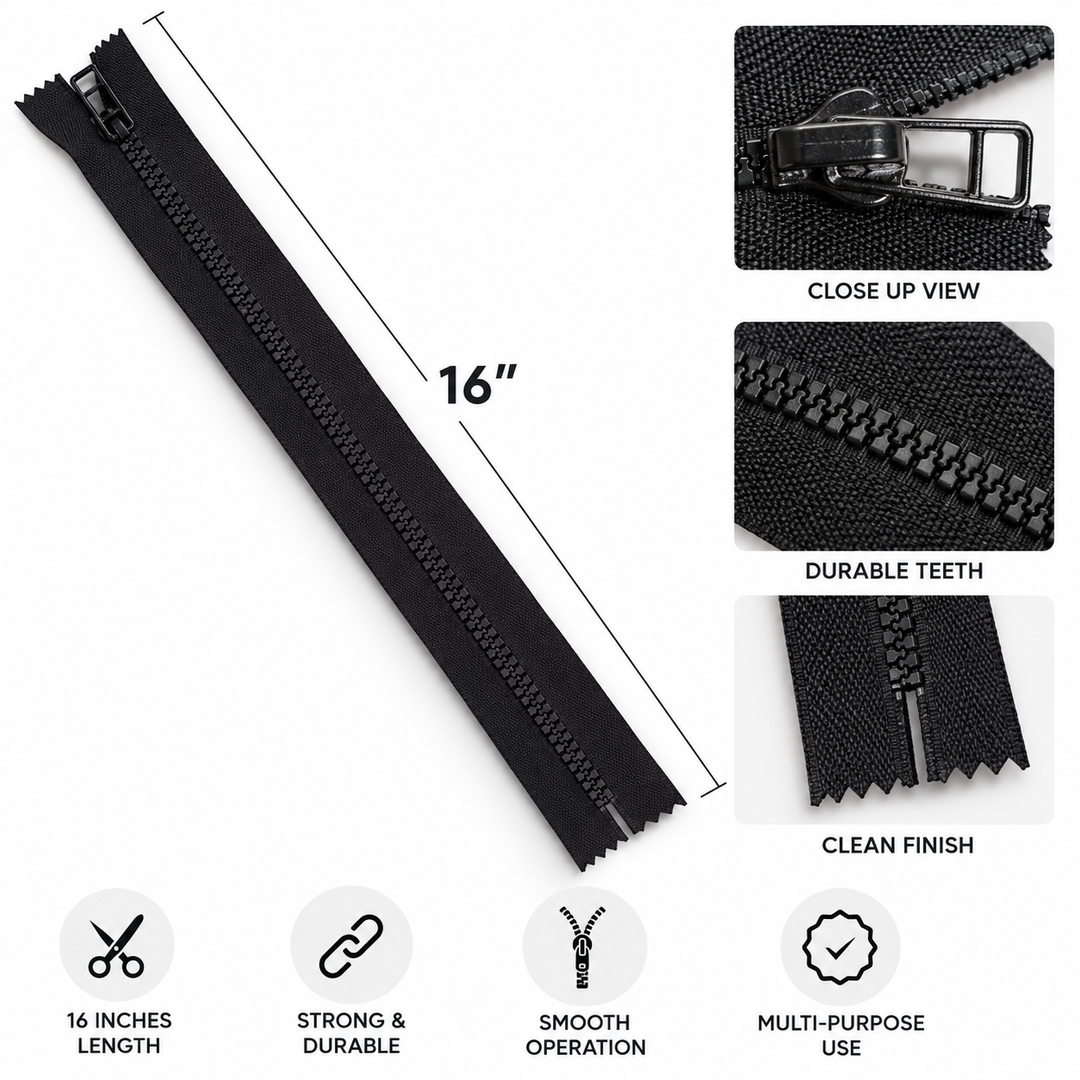16 inch black zipper close-up view showing durable teeth and smooth operation for sewing and craft projects.