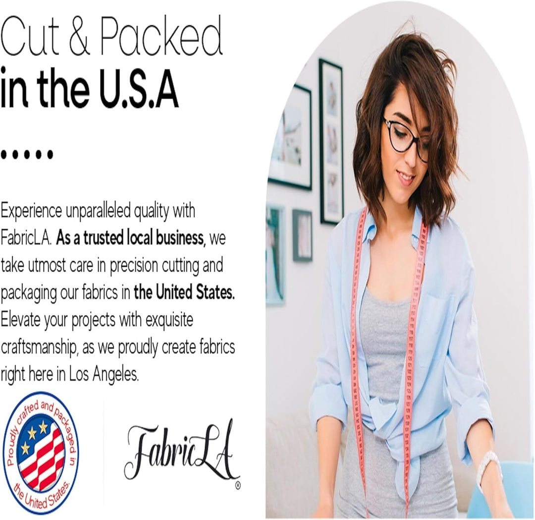 Woman measuring fabric, promoting high-quality Rayon Challis Fabric by the Yard, cut and packed in the USA by FabricLA.