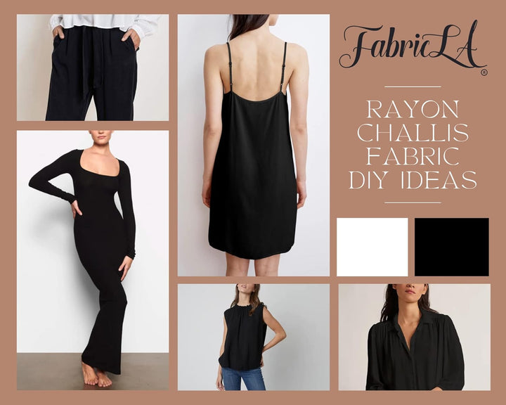 Rayon Challis Fabric by the Yard showcased in DIY clothing ideas featuring stylish dresses and tops.