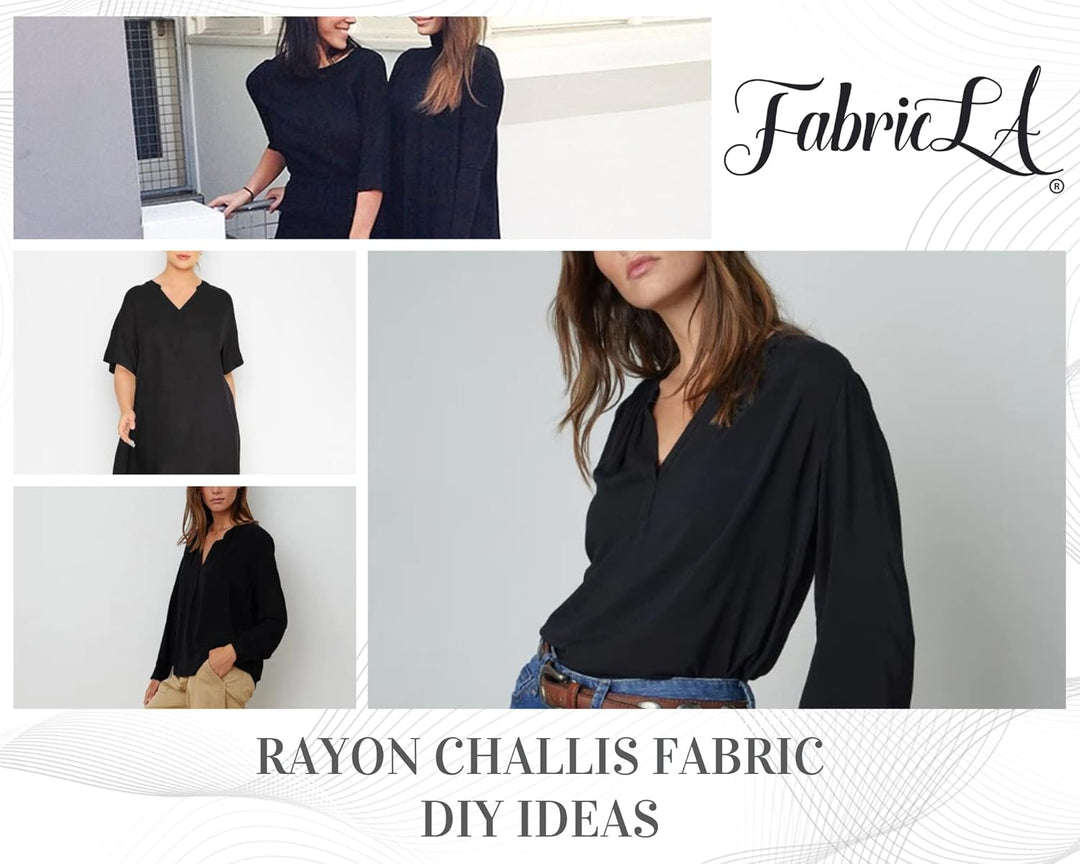 Four stylish outfits made with rayon challis fabric by the yard showcasing DIY ideas from FabricLA.
