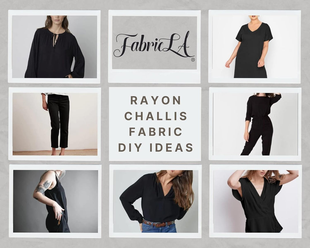 Rayon Challis Fabric by the Yard DIY ideas collage showcasing stylish black outfits by FabricLA.