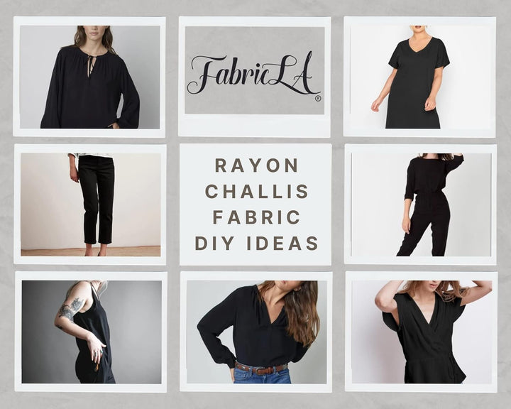 Rayon Challis Fabric by the Yard DIY ideas collage showcasing stylish black outfits by FabricLA.