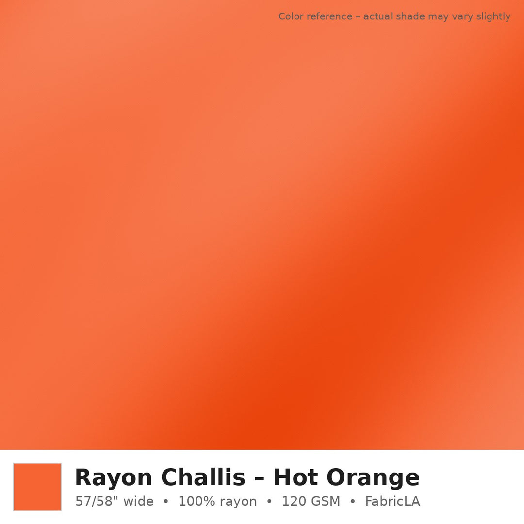 Hot Orange rayon challis fabric by the yard, 100% rayon 120 GSM – color reference