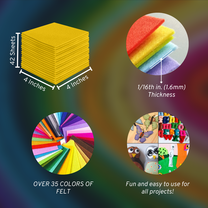 Yellow acrylic felt sheets 4 x 4 inch, 42 sheet pack, 1.6mm thick