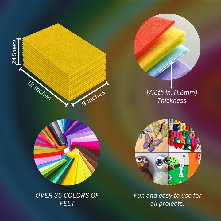 Yellow acrylic felt sheets 9 x 12 inch, 24 sheet pack, 1.6mm thick