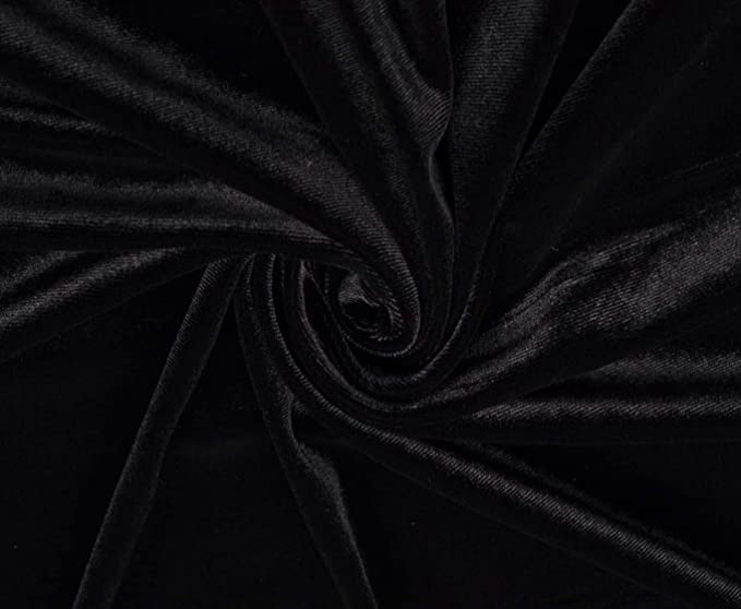 Black stretch velvet fabric by FabricLA – 58/60 inch wide, soft sheen, 280gsm weight, 90% polyester 10% spandex.