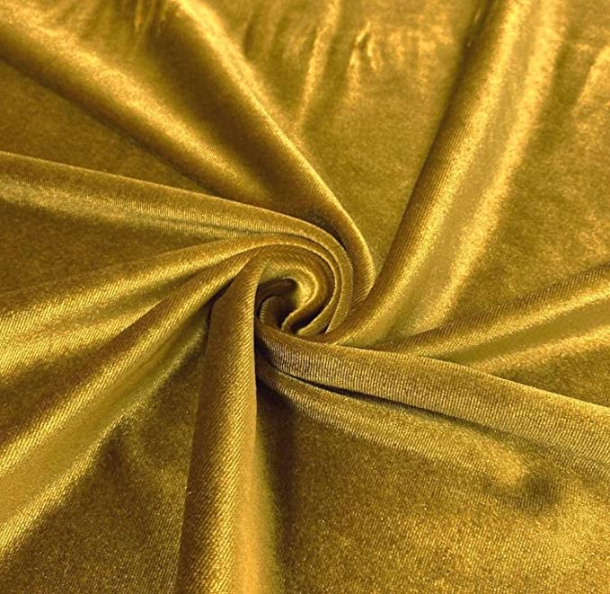 Gold stretch velvet fabric by FabricLA – 58/60 inch wide, soft sheen, 280gsm, 90% polyester 10% spandex.