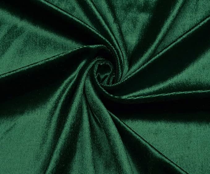 Hunter Green stretch velvet fabric by FabricLA – 58/60 inch wide, soft sheen, 280gsm, 90% polyester 10% spandex.