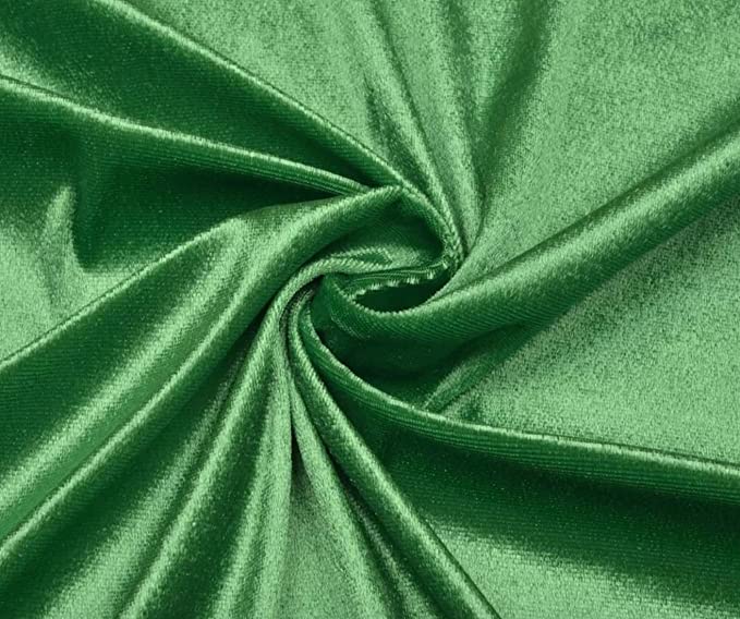 Kelly Green stretch velvet fabric by FabricLA – 58/60 inch wide, soft sheen, 280gsm, 90% polyester 10% spandex.