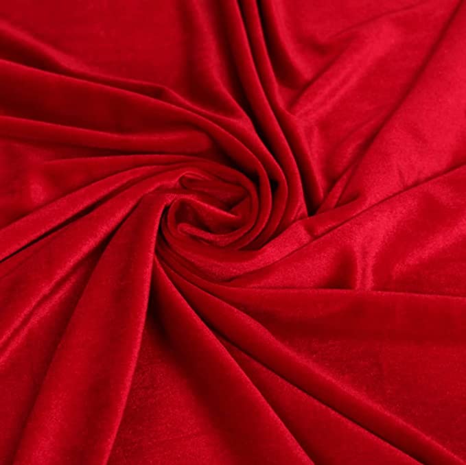 Red stretch velvet fabric by FabricLA – 58/60 inch wide, soft sheen, 280gsm, 90% polyester 10% spandex.