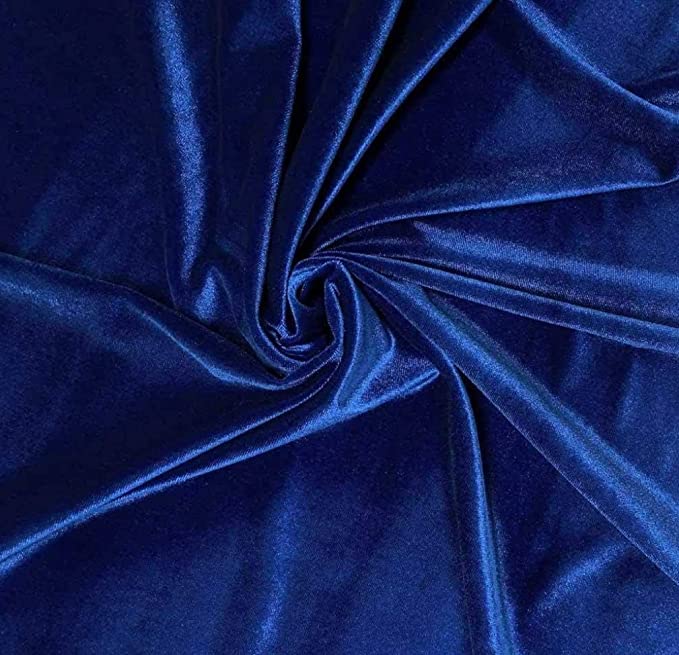 Royal Blue stretch velvet fabric by FabricLA – 58/60 inch wide, soft sheen, 280gsm, 90% polyester 10% spandex.