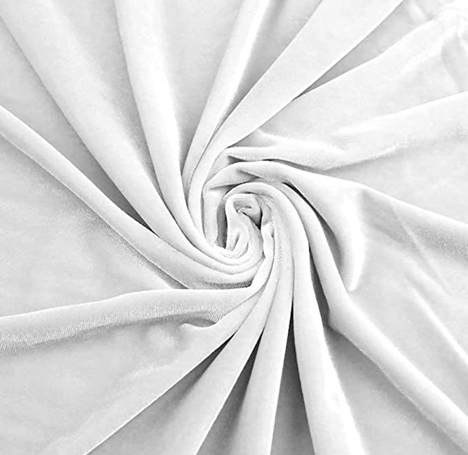 White stretch velvet fabric by FabricLA – 58/60 inch wide, soft sheen, 280gsm, 90% polyester 10% spandex.